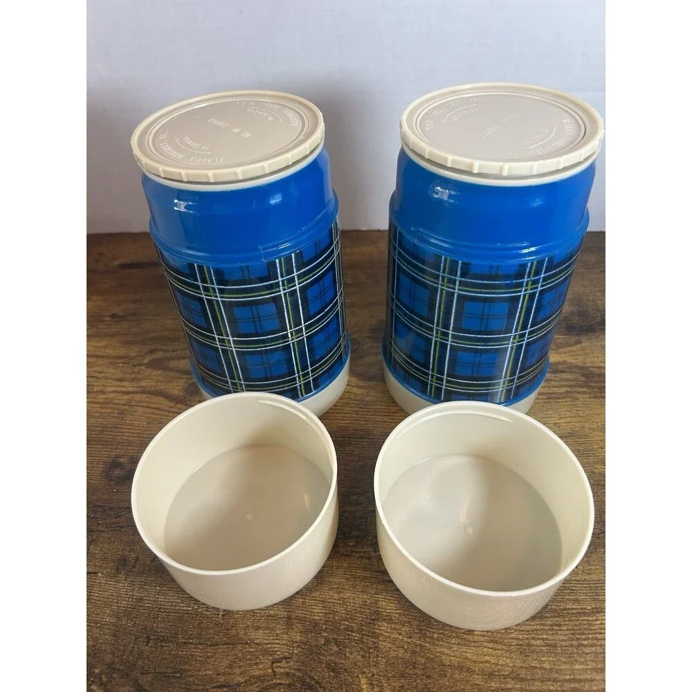 Vintage Aladdin Best Buy Blue Plaid Pint Wide Mouth Thermos Bottle USA Lot of 2